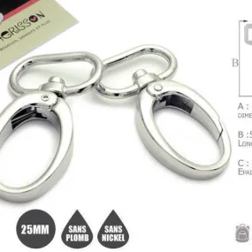 2 x 25mm mousquetons pivotants / metal / ovale / nickel