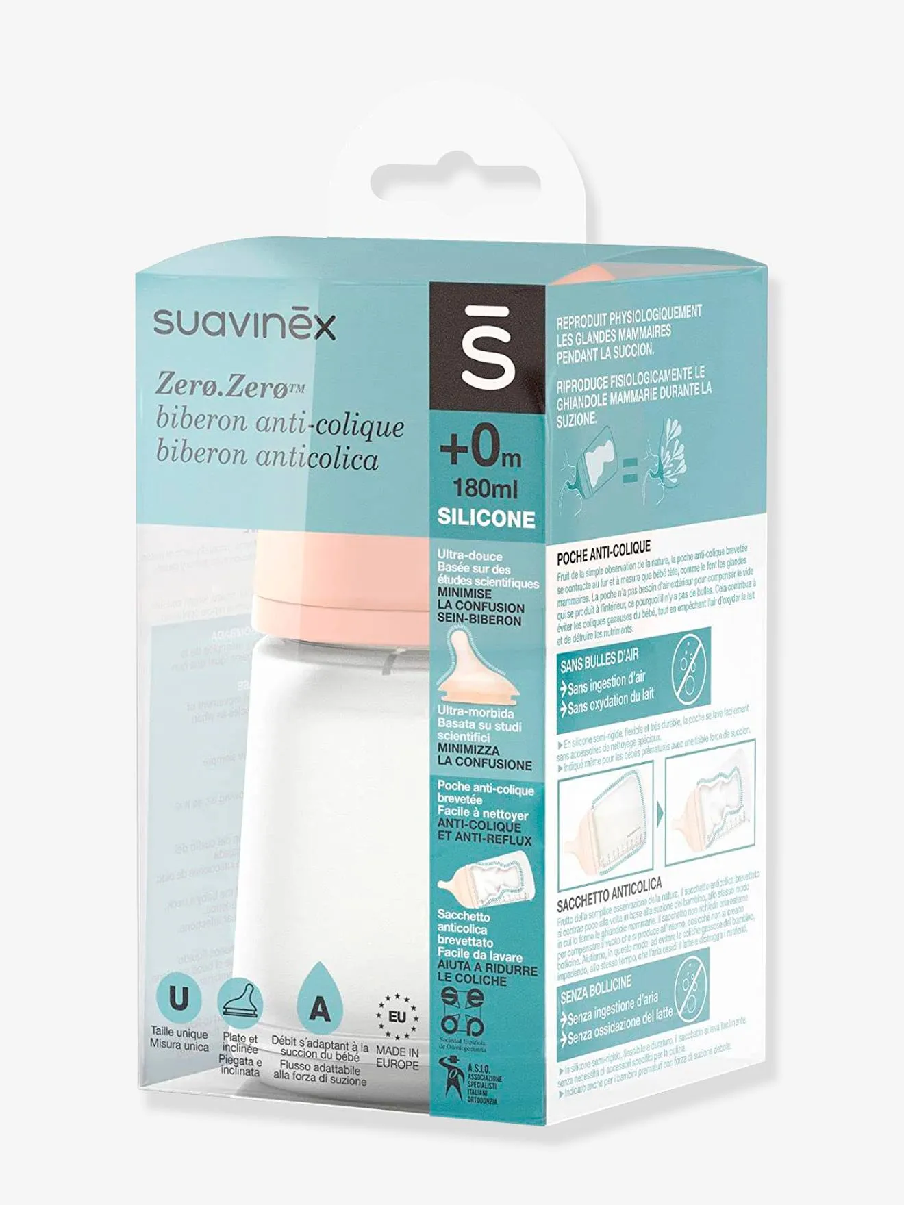 Biberon anti-colique Zer0.Zer0 spécial allaitement mixte SUAVINEX 180 ml transparent - Suavinex