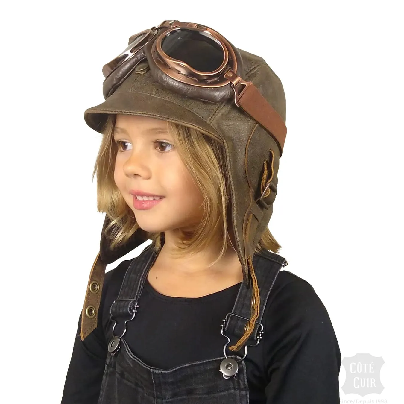 Chapeau aviateur cuir brun ancien pour enfants - Modèle Simon