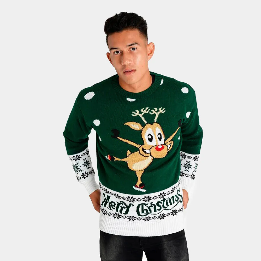 Pull de Nol pour Homme Vert avec Renne Patinant