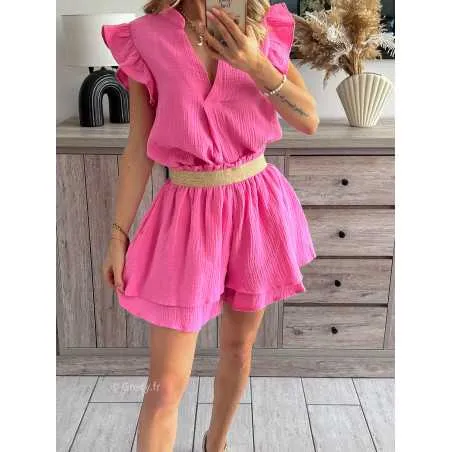 Short en gaze de coton rose avec poches et doublure