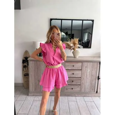 Short en gaze de coton rose avec poches et doublure